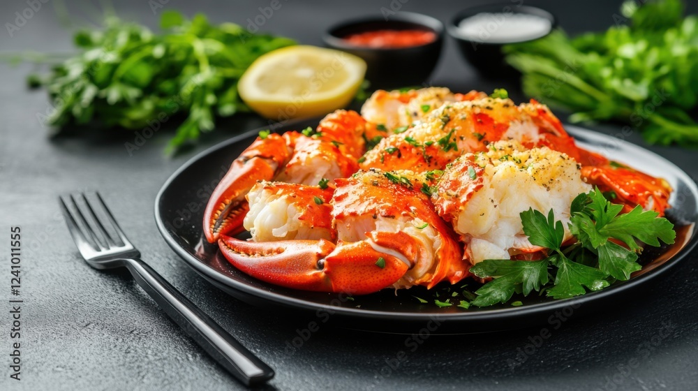 Freshly Cooked Lobster with Herbs and Lemon Garnish on Black Plate Freshly Cooked Lobster with Herbs and Lemon Garnish on Black Plate