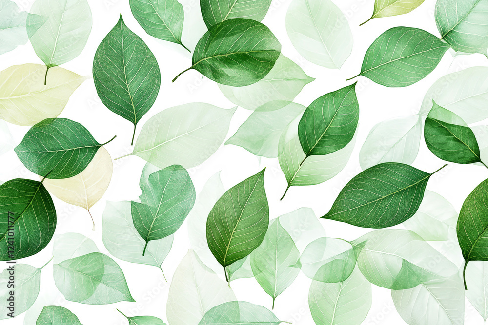 Nature-inspired seamless pattern featuring colorful, transparent green leaves with intricate vein details on a white backdrop Nature-inspired seamless pattern featuring colorful, transparent green leaves with intricate vein details on a white backdrop