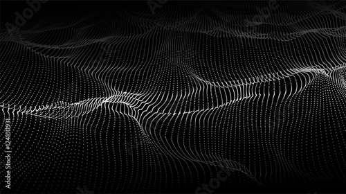 Vector abstract wave of white dots on a black background. Dynamic digital landscape with flowing particles. Futuristic design with motion and depth effect.