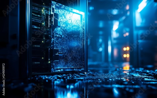 A glowing, open safe stands amid a dimly lit room, surrounded by reflections on a wet floor, creating a mysterious and tech-inspired atmosphere.