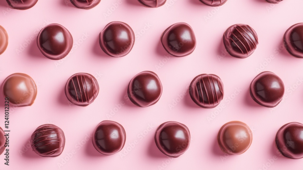 Fototapeta premium A Symphony of Hearts: A Delightful Collection of Exquisite Chocolate Hearts, Beautifully Displayed on a Pastel Pink Surface, Creating a Scene of Pure Romance and Sweet Indulgence