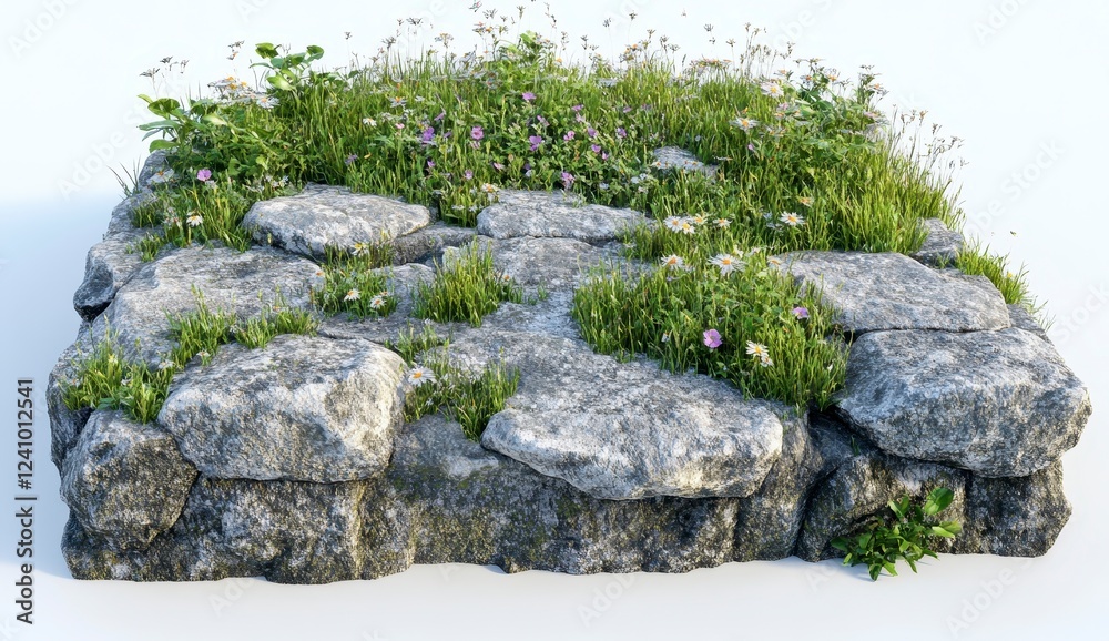 A light gray stone platform covered with various types of small green plants, including small flowers, and purple wildflowers. The stone is uneven in A light gray stone platform covered with various types of small green plants, including small flowers, and purple wildflowers. The stone is uneven in