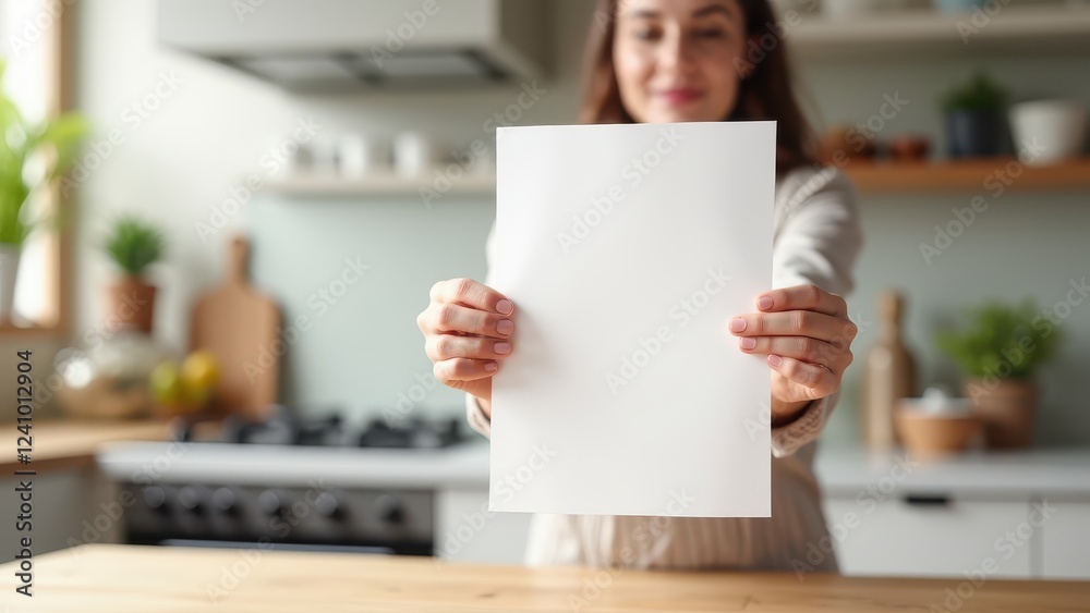 Fototapeta premium A4 Paper Mockup in Hands, Well-organized kitchen background gentle hold of A4 paper mockup with menu design.