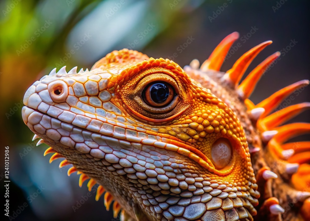 Fototapeta premium Close-Up of Lizard Head, Orange and White Spikes, Reptile Detail, Documentary Style Photography