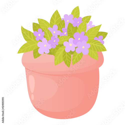 Small purple flowers in a vase, like violets. Isolated cartoon vector composition of bright fresh purple flowers conveys a spring mood for home decoration