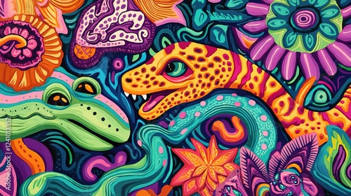 A vibrant, colorful illustration featuring a frog, a gecko, and a snake amidst floral patterns and abstract designs.