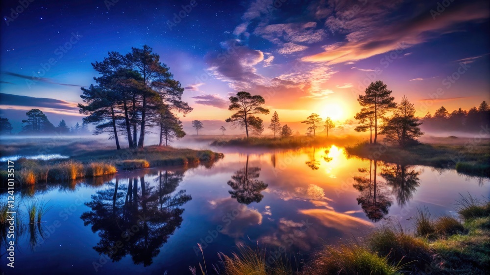 Obraz premium Dark, atmospheric Hochmoor photography captures a mystical bog's low-light beauty.