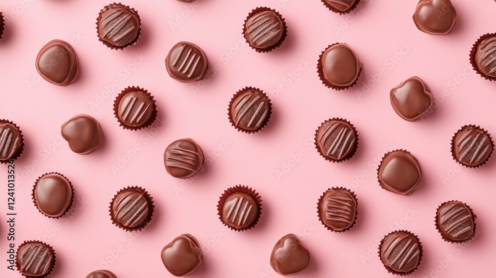 Fototapeta premium A Symphony of Hearts: A Delightful Collection of Exquisite Chocolate Hearts, Beautifully Displayed on a Pastel Pink Surface, Creating a Scene of Pure Romance and Sweet Indulgence