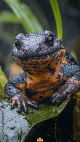 HD Phone Wallpaper Close up of a vibrant Japanese fire belly newt amphibian on a wet leaf photo