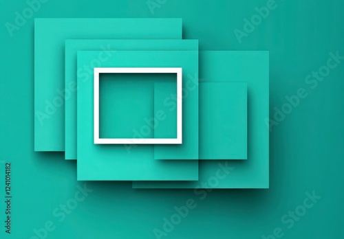 Geometric teal green background with layered squares  featuring a prominent white square frame. 3D rendering style  showing layered and overlapping