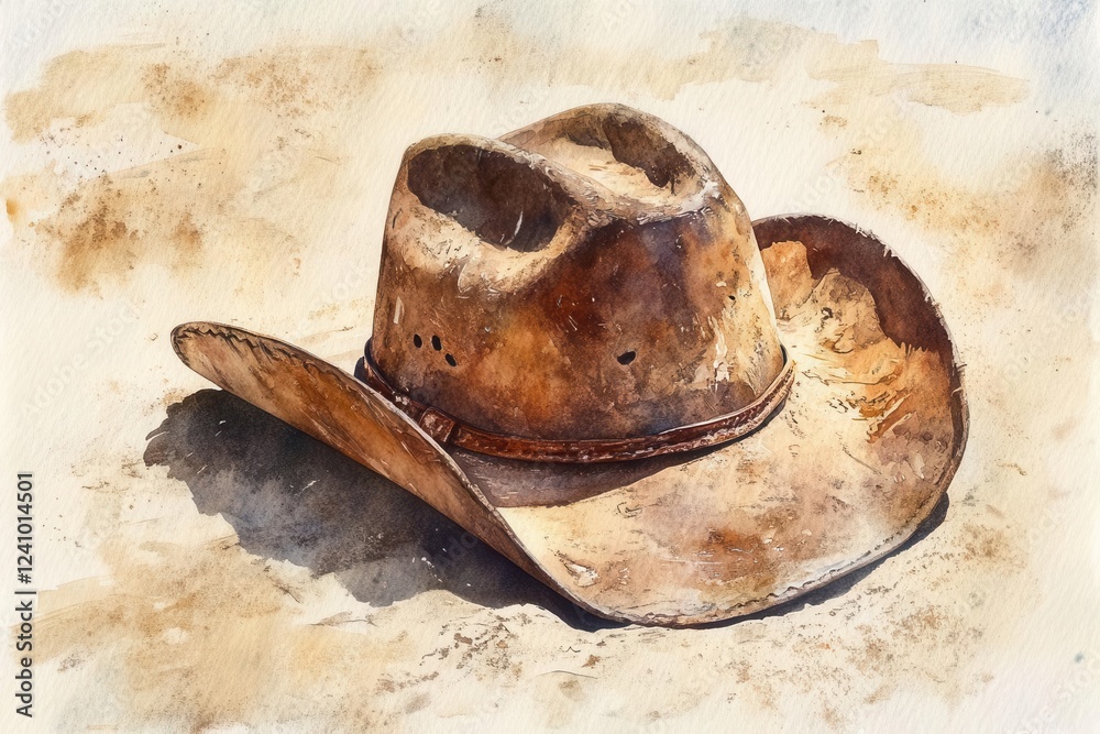 a weathered leather cowboy hat resting in desert sand, painted in rustic watercolor style with delicate brushstrokes, warm earth tones, dramatic shadows