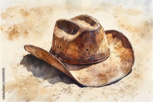 Obraz na płótnie a weathered leather cowboy hat resting in desert sand, painted in rustic watercolor style with delicate brushstrokes, warm earth tones, dramatic shadows w salonie