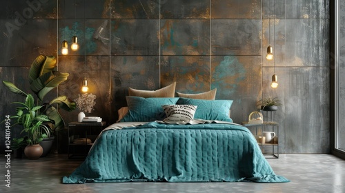 Minimalist Industrial Bedroom with Turquoise Teal Bedspread, Zinc Wall Panels, Gold Light Fixtures, and Concrete Floors for a Trendy Modern Look