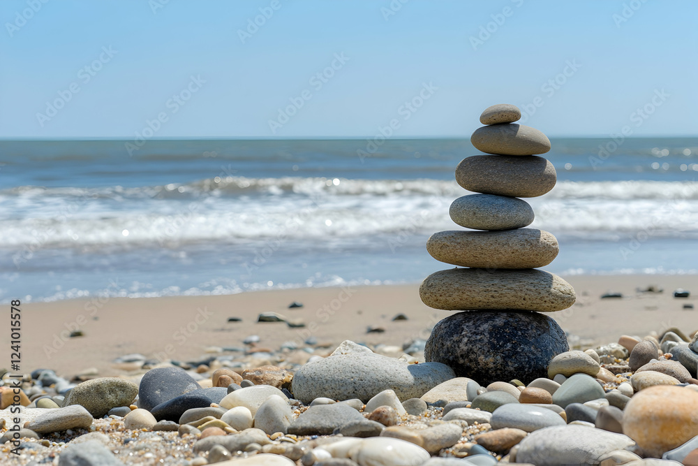 Fototapeta premium Photo of a stack of balanced stones on the beach, representing balance
