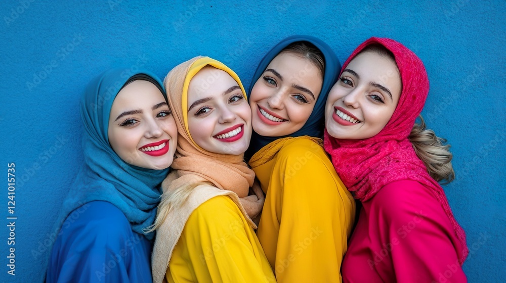 Four Confident Women Wearing Colorful Headscarves Posing Together Vibrant Beauty Strength Four Confident Women Wearing Colorful Headscarves Posing Together Vibrant Beauty Strength