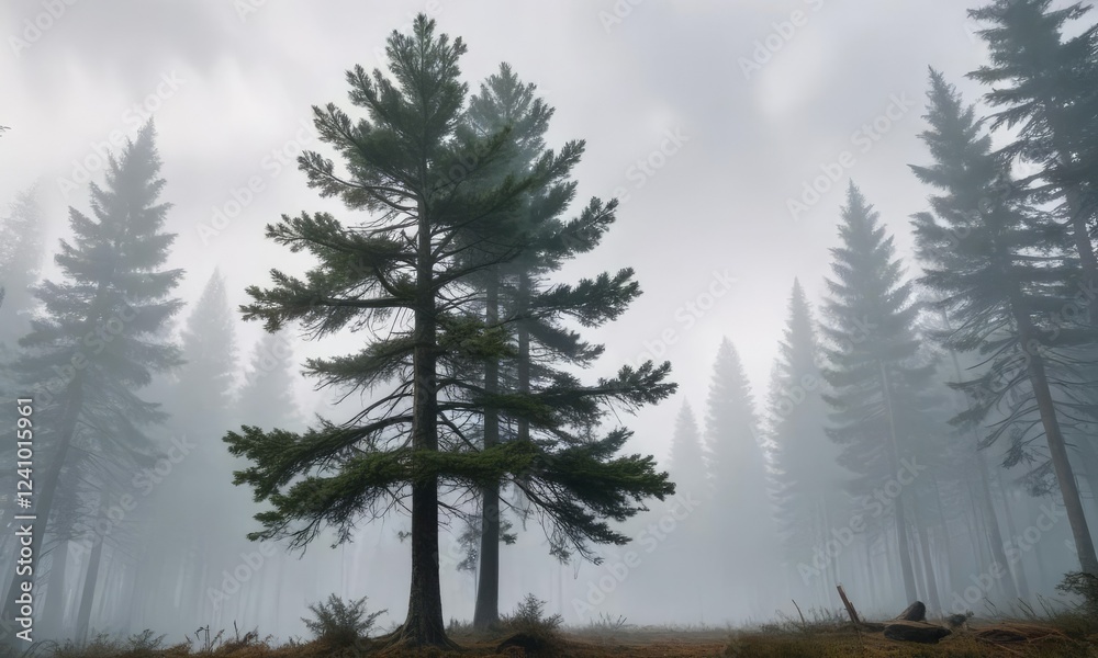 Fototapeta premium tall pine tree in the misty forest atmosphere, Christmas tree scenery, pine tree in the distance, pine tree foggy atmosphere
