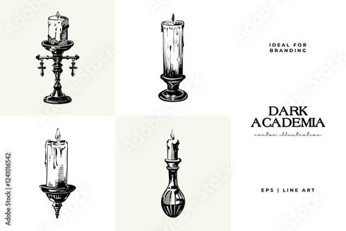 Black and white Dark Academia vector illustrations featuring magical elements: alchemy, glasses, mysticism, and classic aesthetics.