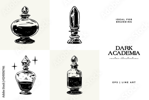 Black and white Dark Academia vector illustrations featuring magical elements: alchemy, glasses, mysticism, and classic aesthetics.