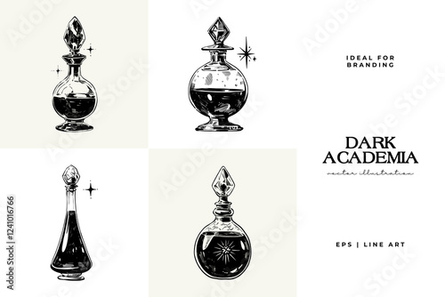 Black and white Dark Academia vector illustrations featuring magical elements: alchemy, glasses, mysticism, and classic aesthetics.