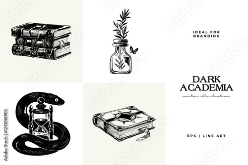 Black and white Dark Academia vector illustrations featuring magical elements: alchemy, glasses, mysticism, and classic aesthetics.