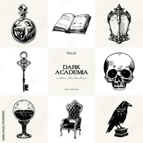 Black and white Dark Academia vector illustrations featuring magical elements: alchemy, glasses, mysticism, and classic aesthetics.