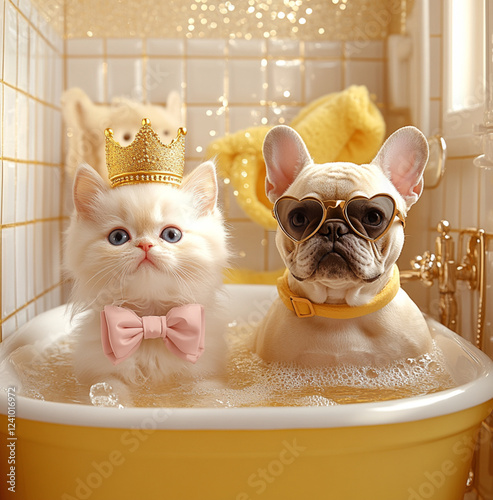 a white cat in a bathtub with a pink bow and blue eyes and a French bulldog wearing heart-shaped glasses