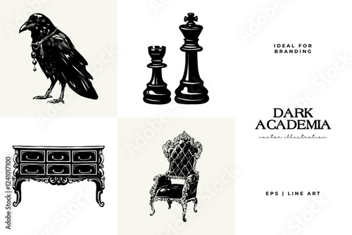 Black and white Dark Academia vector illustrations featuring magical elements: alchemy, glasses, mysticism, and classic aesthetics.