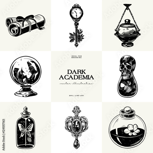 Black and white Dark Academia vector illustrations featuring magical elements: alchemy, glasses, mysticism, and classic aesthetics.