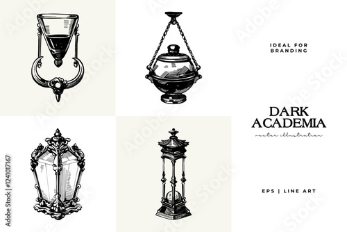 Black and white Dark Academia vector illustrations featuring magical elements: alchemy, glasses, mysticism, and classic aesthetics.