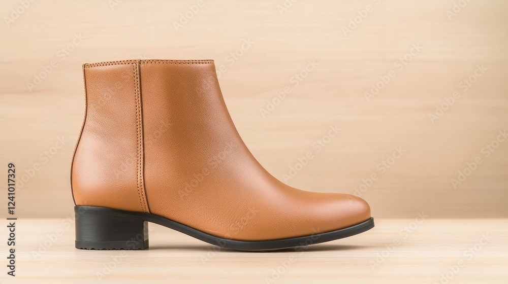 Tan leather ankle boots on wood background Tan leather ankle boots on wood background