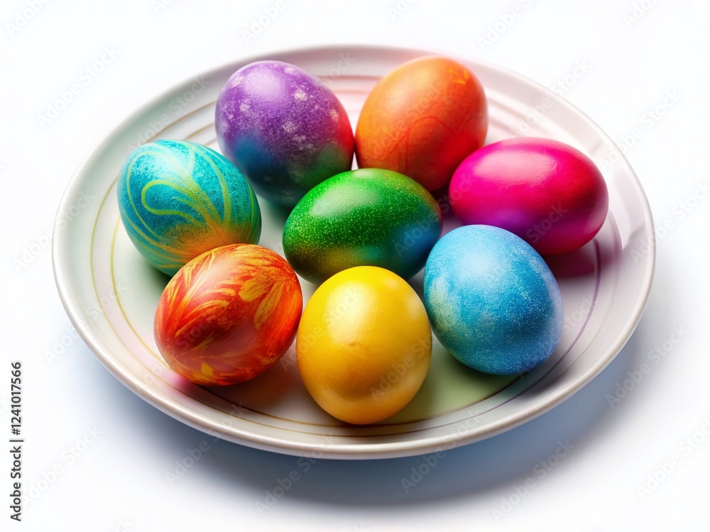 Colorful Easter Eggs on White Plate - Festive Spring Holiday Decoration Colorful Easter Eggs on White Plate - Festive Spring Holiday Decoration