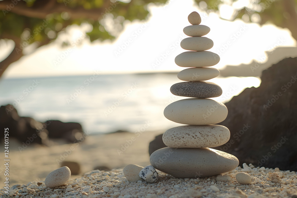 Fototapeta premium Photo of a stack of balanced stones on the beach, representing balance