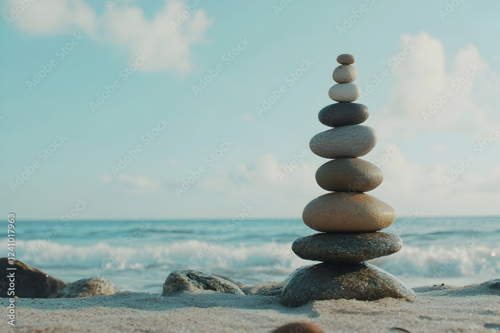 Fototapeta premium Photo of a stack of balanced stones on the beach, representing balance