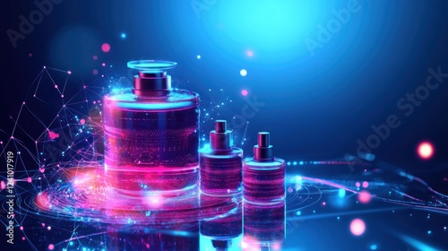 Modern perfume bottles, vibrant neon colors, futuristic design,  glowing holographic effect, abstract background,  3D rendering,  cosmetic products,  luxury.