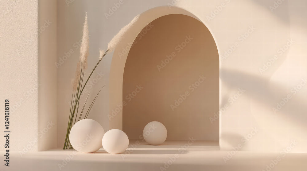 Fototapeta premium serene composition of soft white spheres and delicate plants in minimalist setting, creating calming atmosphere. gentle curves and neutral tones enhance tranquil vibe