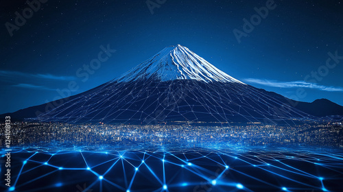 Digital Serenity Mount Fuji Reflected with Glowing Data Streams - Abstract Concept of Cybersecurity and Privacy