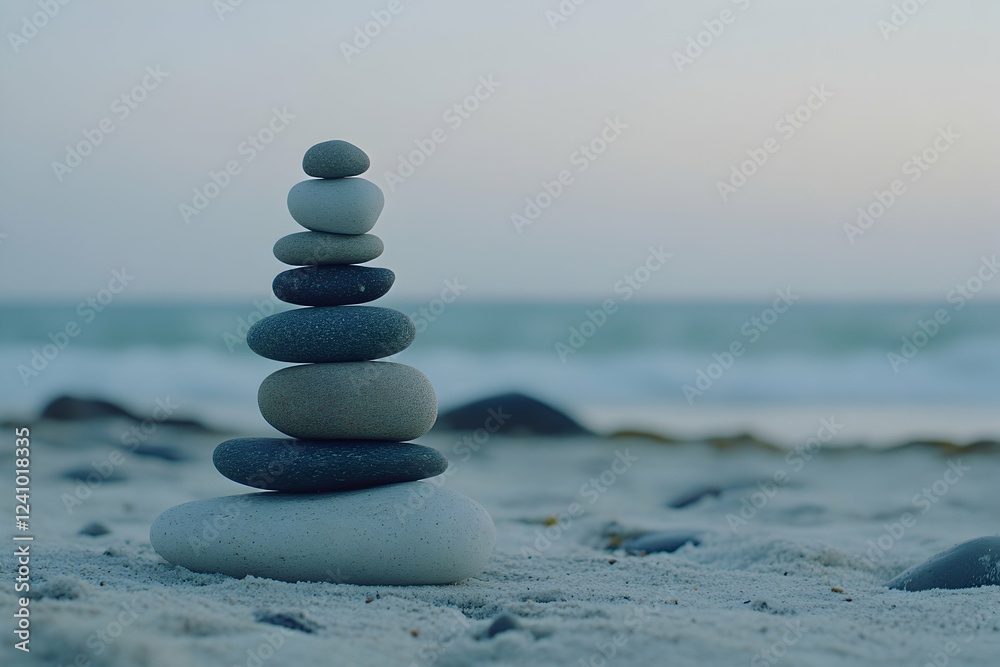 Fototapeta premium Photo of a stack of balanced stones on the beach, representing balance