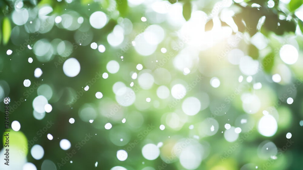 tranquil scene of falling white spheres amidst soft green foliage, creating serene atmosphere filled with light and nature beauty tranquil scene of falling white spheres amidst soft green foliage, creating serene atmosphere filled with light and nature beauty