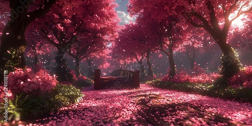 A serene pathway illuminated by soft sunlight, lined with vibrant pink cherry blossom trees, leading to a rustic wooden bench surrounded by a carpet of petals.