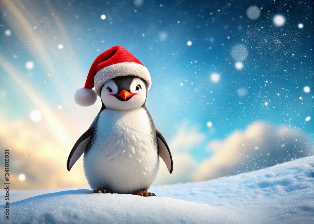 Cute Penguin in Santa Hat Smiles from Snowy Hill - Christmas Stock Photo Cute Penguin in Santa Hat Smiles from Snowy Hill - Christmas Stock Photo