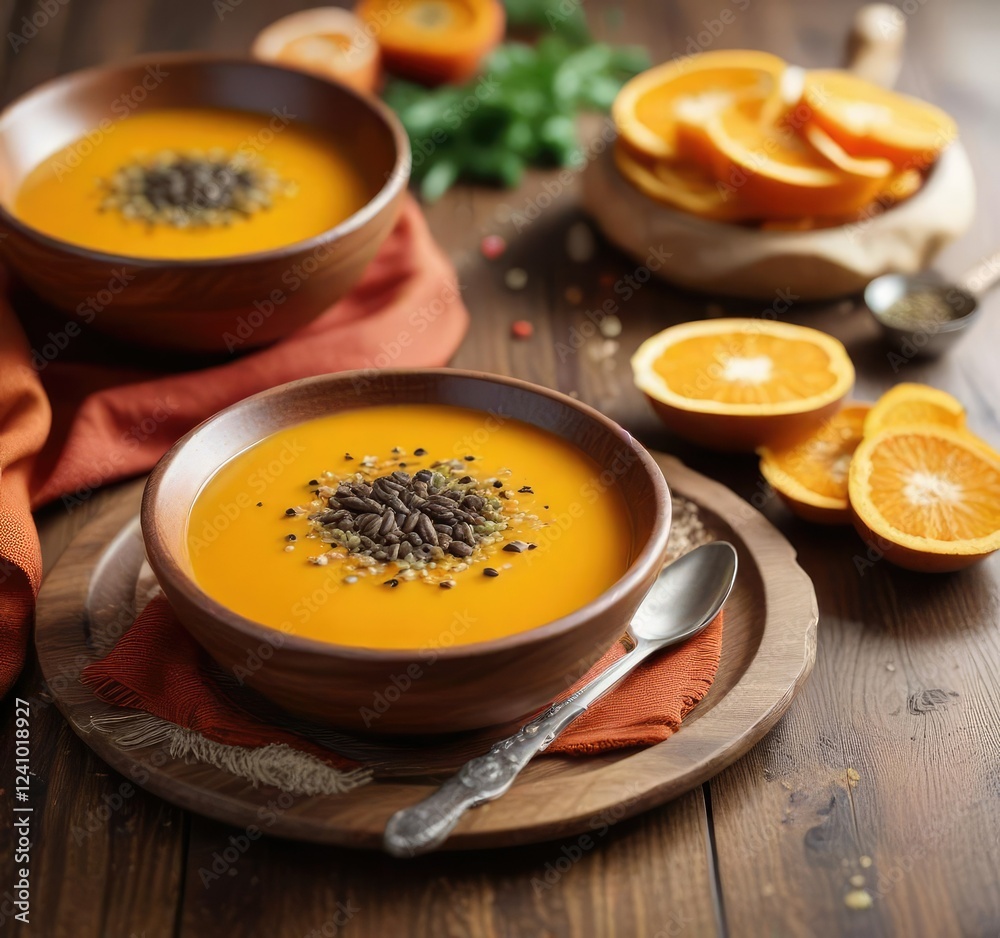 Wooden bowl filled with vibrant orange soup topped with a sprinkle of mixed seeds on a cozy brown table , warm, bowl Wooden bowl filled with vibrant orange soup topped with a sprinkle of mixed seeds on a cozy brown table , warm, bowl