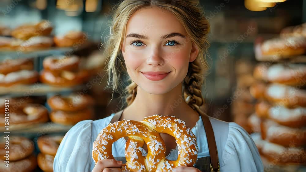 A young woman in a traditional dirndl dress holding a fresh pretzel in a bakery filled with pretzels