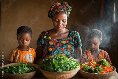 A mother rationing food for her children, serving them tiny portions while she eats nothing photo