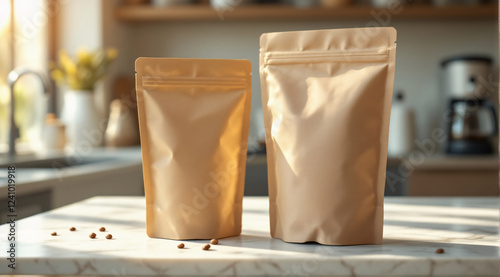 A set of blank kraft pouches resting on a sleek marble counter, with soft kitchen lighting creating a clean and premium aesthetic. photo