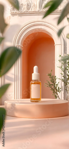 3D scene for cosmetics product, peach colors, natural elements, soft light, isolated product