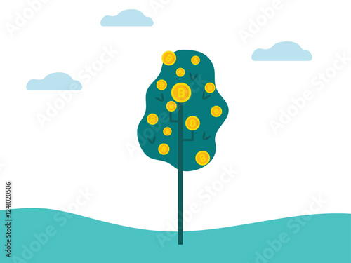 Vector illustration of bitcoin cryptocurrency growing on the money tree.