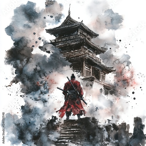 A samurai warrior dressed in red, positioned in front of a Japanese temple photo