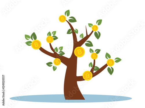 Vector illustration of bitcoin cryptocurrency growing on the money tree.