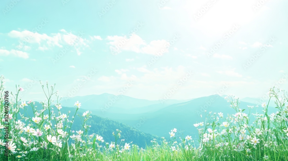 Fototapeta premium Peaceful mountain scenery featuring vibrant white flowers in the foreground, soft pastel colors, blurred mountain range in the background, clear sky