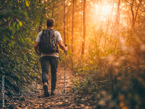 Hiking in the middle of nature, woods, mountains, sunlight